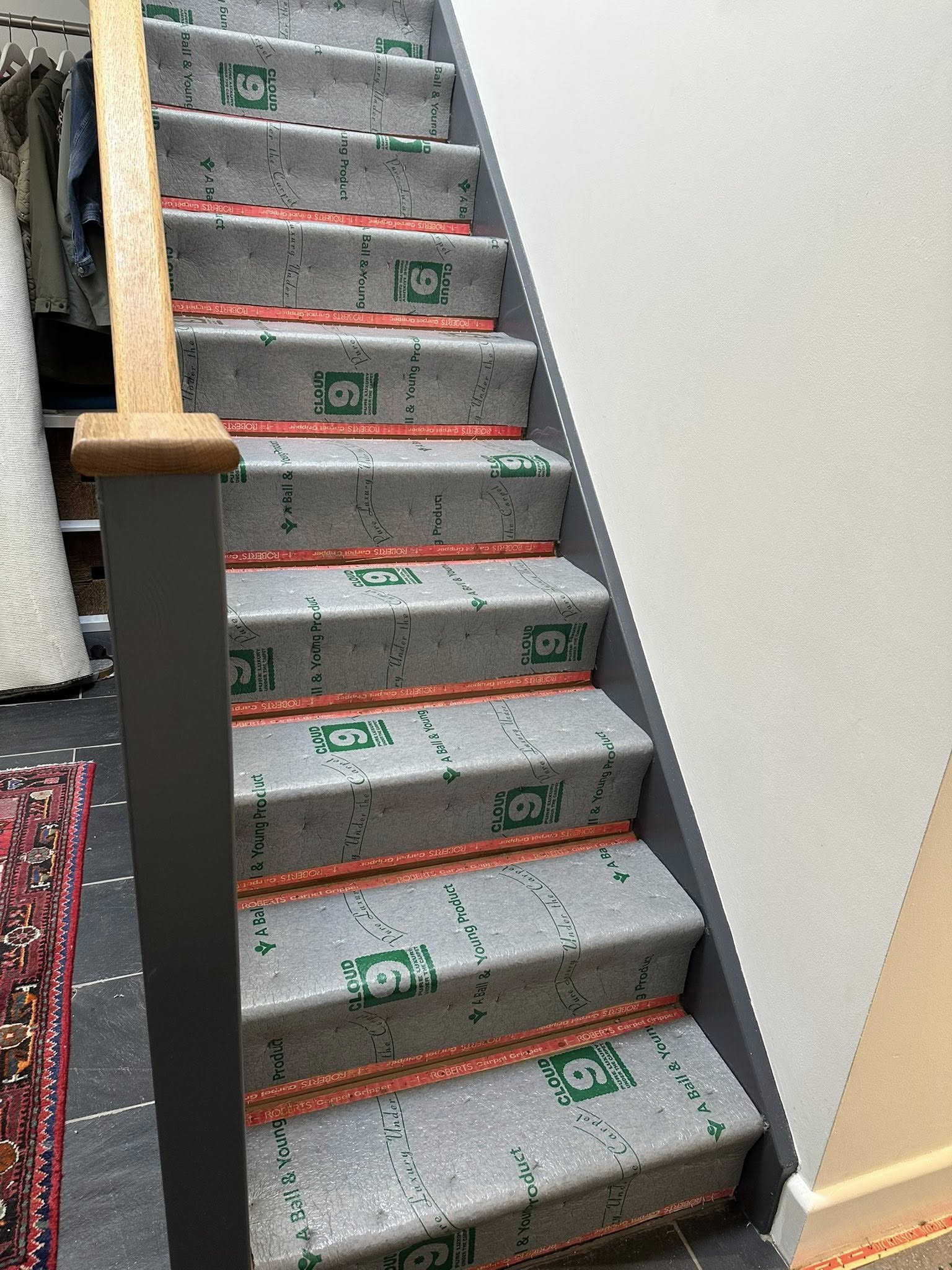 Staircase carpet in progress, Kernow Carpets